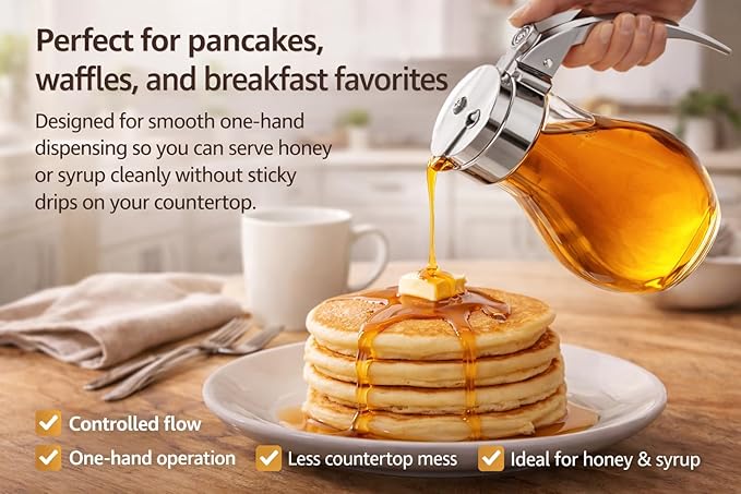EHOMEA2Z Glass Honey Dispenser, 14 oz Syrup Dispenser with Metal Top, Maple Syrup Dispenser for Kitchen & Dining Table (4, 14 Oz)