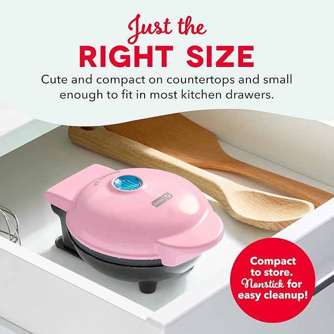 Dash Mini Waffle Maker- Compact Electric Iron for Creative Homemade Treats - PTFE nonstick surface - Easy-to-Clean - Perfect for Kids & Families - Pink