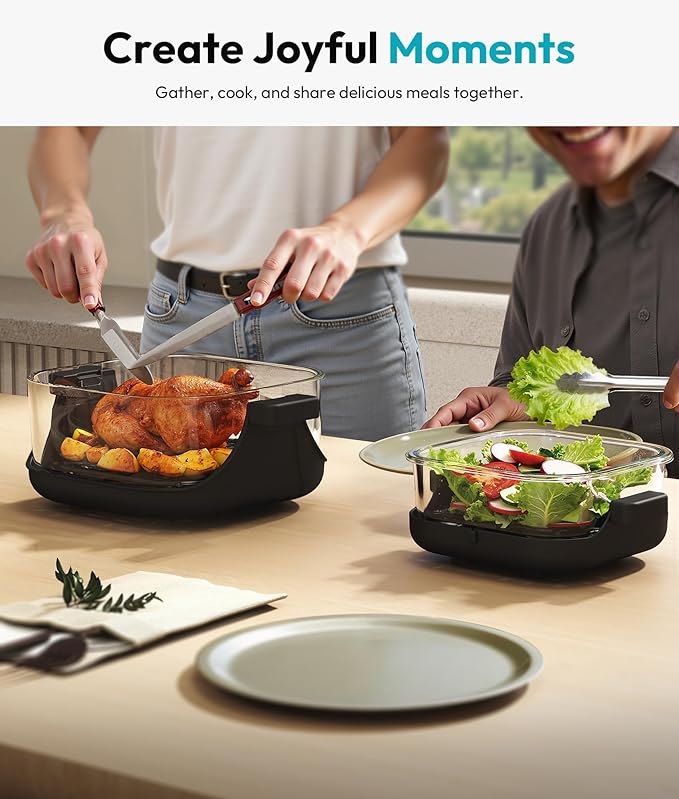 Rellytech Portable Glass Air Fryer - 1500W, 4.2 QT & 6-Cup Dual Glass Containers with Lids, 4-in-1, 60 Min Timer, 140°F-400°F Adjustable, Microwave, Freezer & Dishwasher Safe, Grey