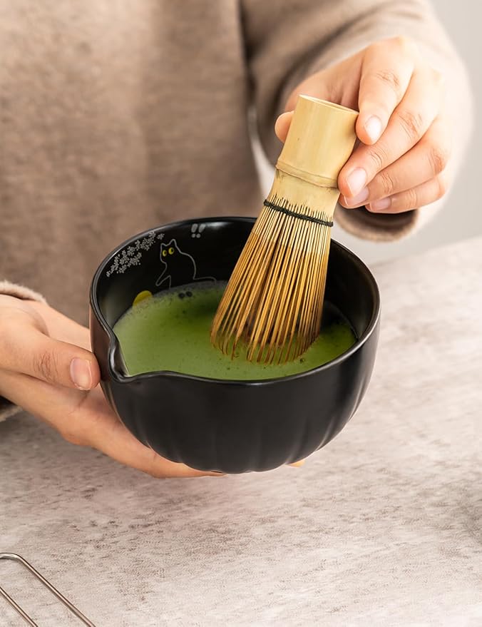 TANG PIN Premium Matcha Set - Traditional Japanese Matcha Making Kit with Spout Bowl (Chawan), Bamboo Whisk (Chasen) & Holder Stand - Complete Matcha Maker Starter Tools for Matcha Tea & Latt (Cat)