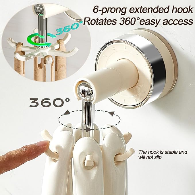 MFMYEE Kitchen Suction Cup Hook, 360 Degree Rotating Storage with Multiple Claws, Punch-Free Organizer, Shower Suction Cup with 6 Hooks (White)