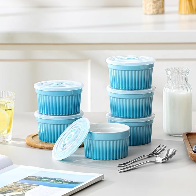 vancasso 6 oz Ramekins with Lid, Porcelain Creme Brulee Souffle Dishes, Blue Pudding Custard Cups Ramiken for Baking, Dishwasher and Oven Safe, Set of 6