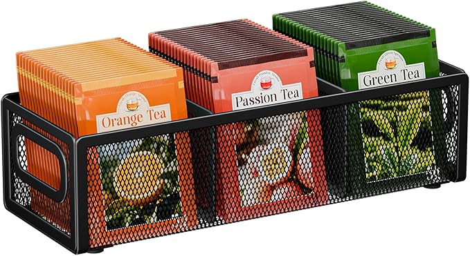 Tea Bag Organizer, Mesh Tea Bag Holder with Handle, Teabag Holder, Tea Station Organizer for Countertop, Pantry, Kitchen, Cabinet - Black