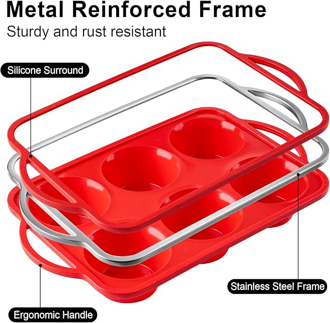 Puyeipt 2 Pack Jumbo Muffin Pans with Metal Frame, 6 Cup Large Cupcake Molds with Handles, Silicone Egg Bite Baking Trays, BPA Free & Non-Stick