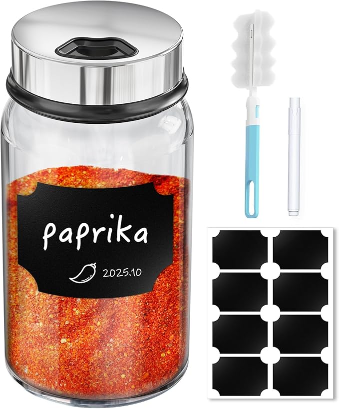Segarty 7oz Spice Jar with Accessories, 1 Pack 200ml Empty Seasoning Bottle with Shaker Lid for Salt Pepper Sugar Storage, Glass Spices Container with 8 Blank Labels, 1 Cleaning Brush, 1 Chalk Marker