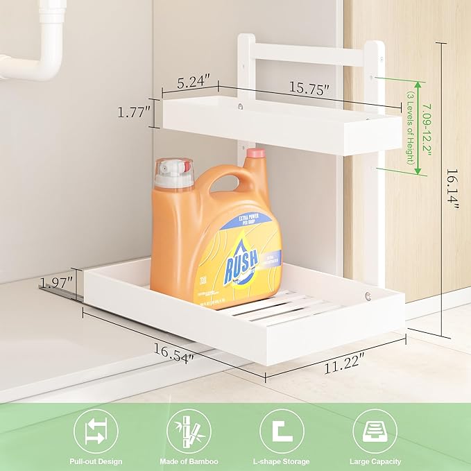 Under Sink Organizer - 1-Tier Pull Out Cabinet Organizer Vertical Slide Out Sink Shelf Storage Shelves for Multi-Purpose Bath Kitchen Bathroom Medicine (White, 2 Packs)