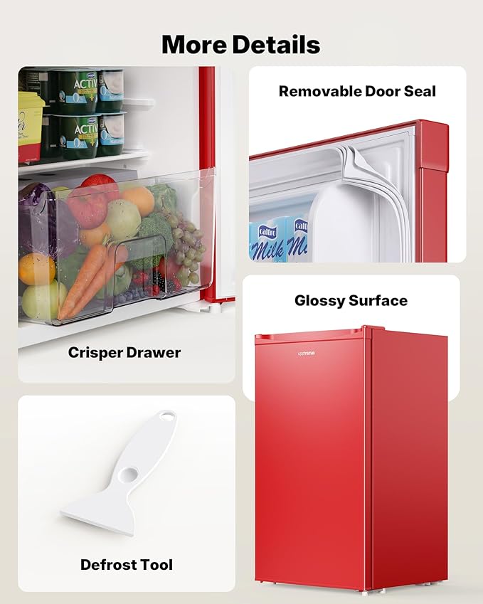 Upstreman 3.2 Cu.Ft Mini Fridge with Freezer, Single Door, Dorm Fridge, Adjustable Thermostat, Refrigerator for Dorm, Office, Bedroom, Red-BR321