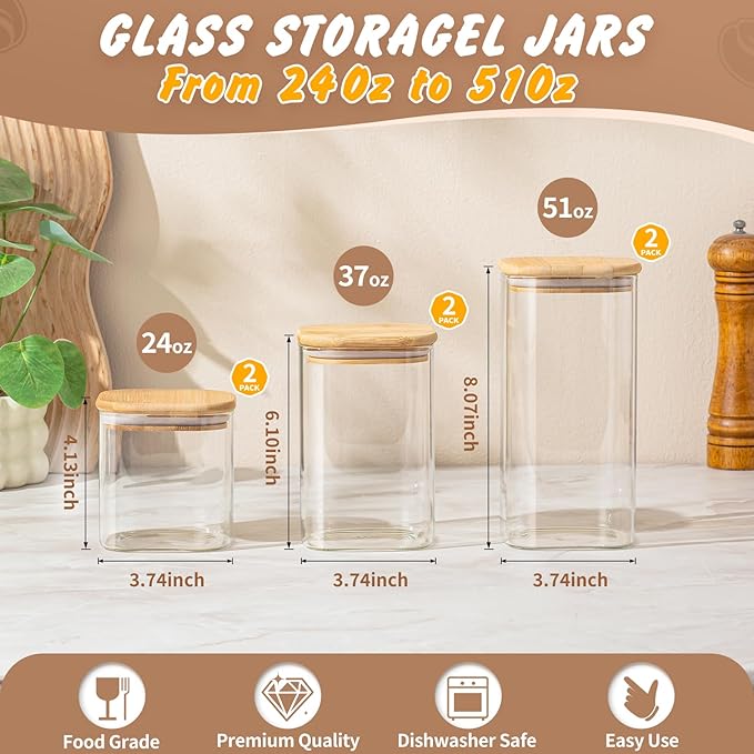 SENTVEND 24 Oz/ 37 Oz/ 51 Oz Glass Storage Jars with Bamboo Lids - 6 Pack Clear Glass Canisters Square Airtight Stackable Ideal for Pantry Storage Containers Great for Cereal Coffee Beans Snacks etc