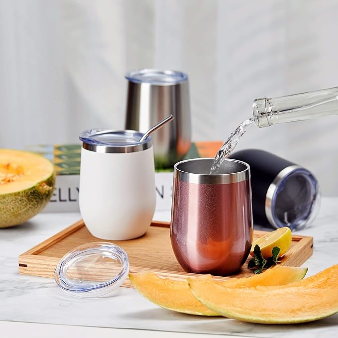 COMOOO Stainless Steel Wine Tumbler with Lid and Straw 12oz Double Wall Vacuum Insulated Travel Tumbler Cup for Coffee, Wine, Cocktails, Champagne (Black White Silver and Rose Gold,8 Pack)