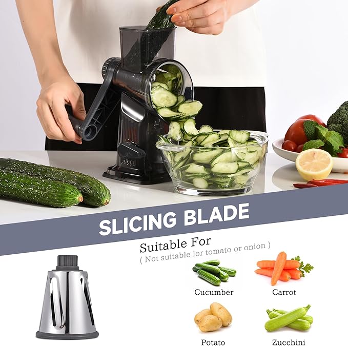 Rotary Cheese Grater with Handle Kitchen Shredder Slicer Grater Slicer Ice Shaver Cheese Vegetable Nuts Potato Zucchini Chocolate 3 Interchangeable Blades (Dark Grey TSP)