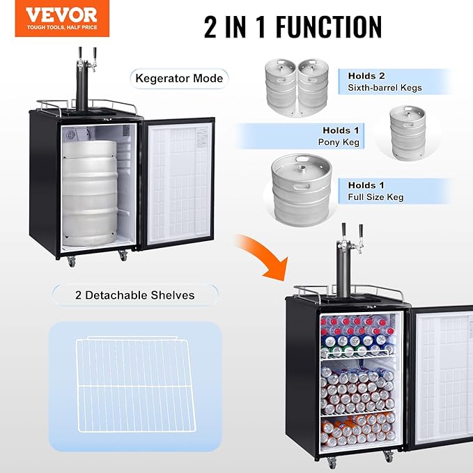VEVOR Beer Kegerator, Dual Tap Commercial Draft Beer Dispenser for D system, Full Size Keg Refrigerator with 5lbs CO2 Tank, Hold 2 Sixth / 3 Ball lock keg, Silver