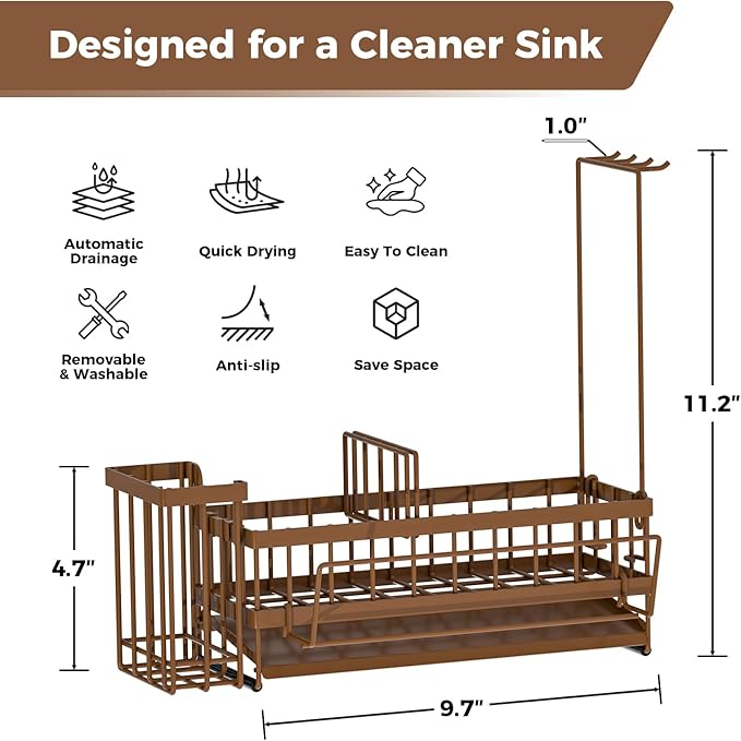 Sponge Holder for Kitchen Sink – Rustproof Stainless Steel with Detachable Drainboard, Brush Rack & Towel Bar | Compact, Non-Slip Design for Countertop Bathroom
