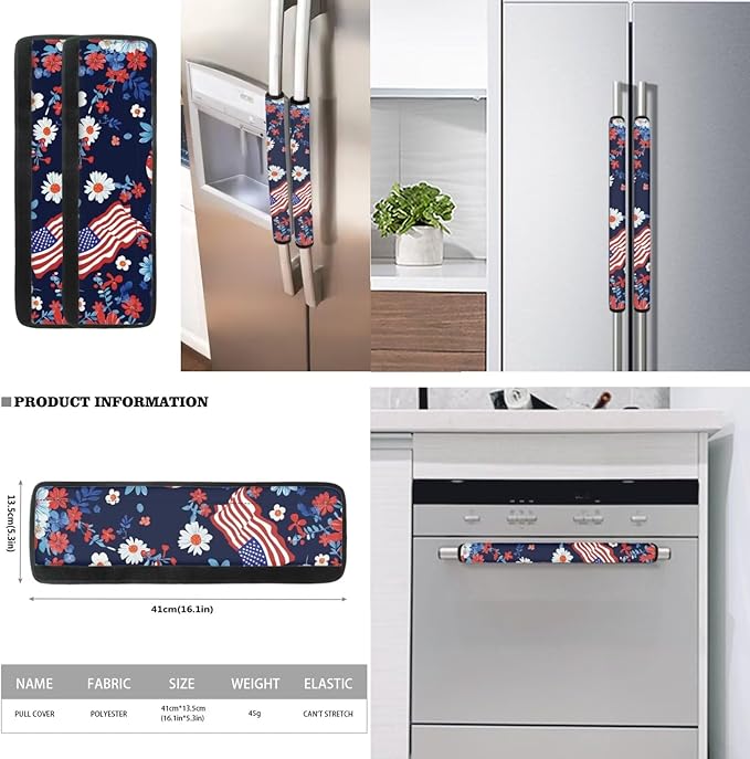 American Flag Eucalyptus Flower Refrigerator Handle Door Covers 6 Pcs Microwave Dishwasher Keep Kitchen Clean from Smudges Food Stains Fingerprints July 4th Independence Day Decor
