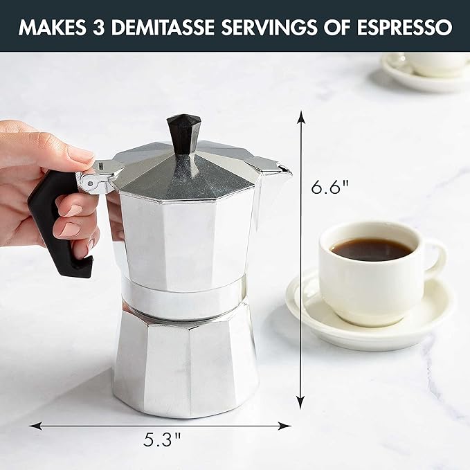 Primula Classic Stovetop Espresso and Coffee Maker, Moka Pot for Italian and Cuban Café Brewing, Greca Coffee Maker, Cafeteras, 3 Espresso Cups, Silver