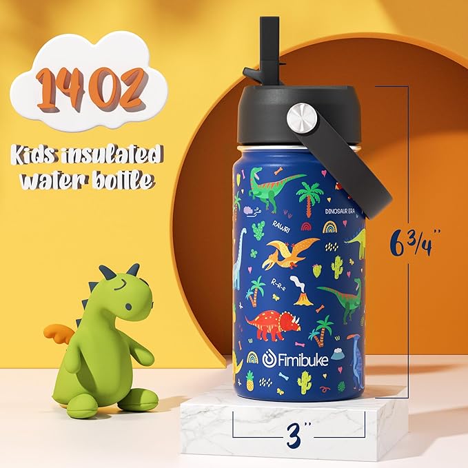 Fimibuke Kids Insulated Water Bottle, 14oz BPA FREE 18/8 Stainless Steel Travel Tumbler Double Wall Vacuum Leak Proof Kids Cup with Straw Metal Bottle for School Boys Girls(1 Pack, BLUE DINOSAUR)