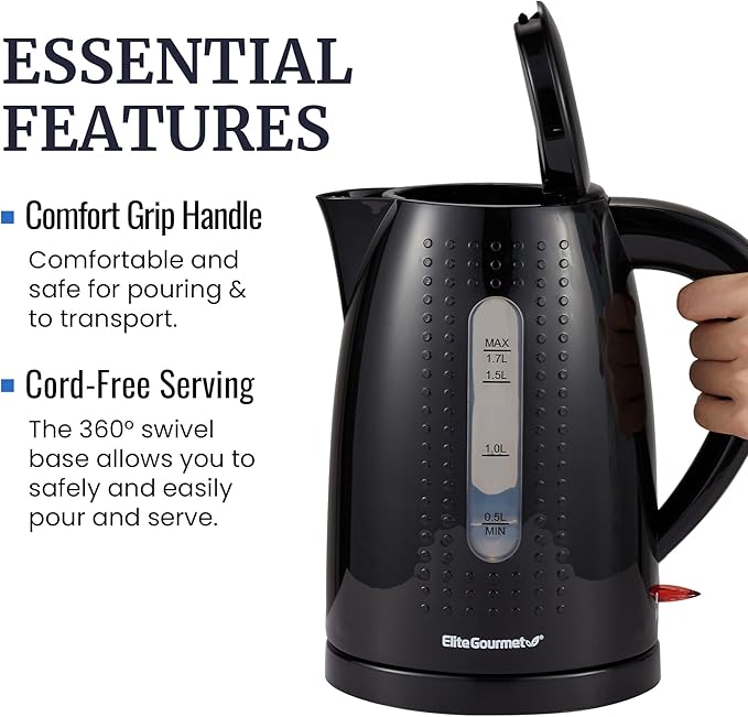 Elite Gourmet EKT5051 1.7L Electric Water Kettle, BPA-Free, Fast Boil, Auto Shut-Off, Boil-dry Protection, 360° Swivel Base with Cordless Serving, Clear-view Window with Water Level Markings, Black