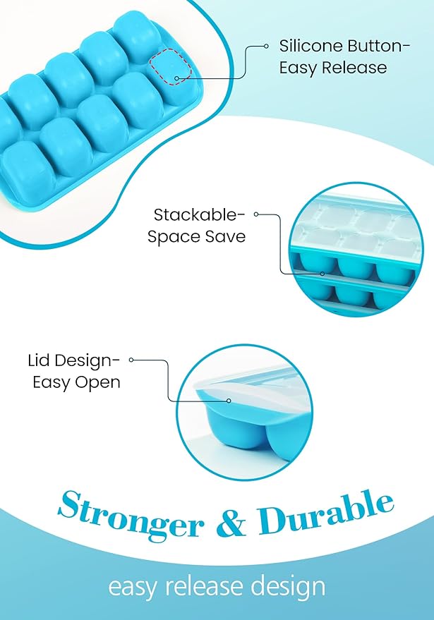 DOQAUS Ice Cube Tray with Lid and Bin - 4 Pack Ice Bucket Kits, Stackable Silicone Ice Trays for Freezer, Easy Pop Out, BPA Free for Cocktail, Coffee, Soup, Food, RV, Kitchen