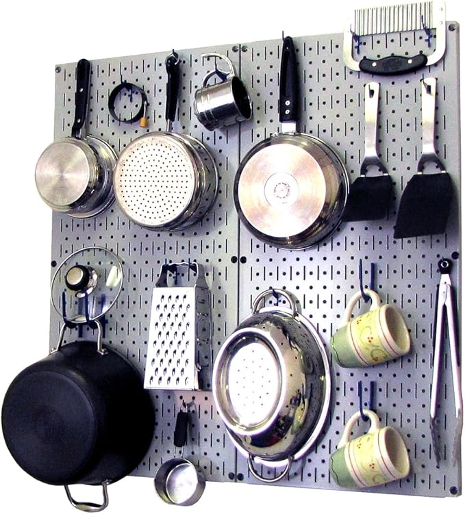 Wall Control Kitchen Pegboard Organizer Pots and Pans Storage Rack Organization Kit with Grey Pegboard and Blue Accessories