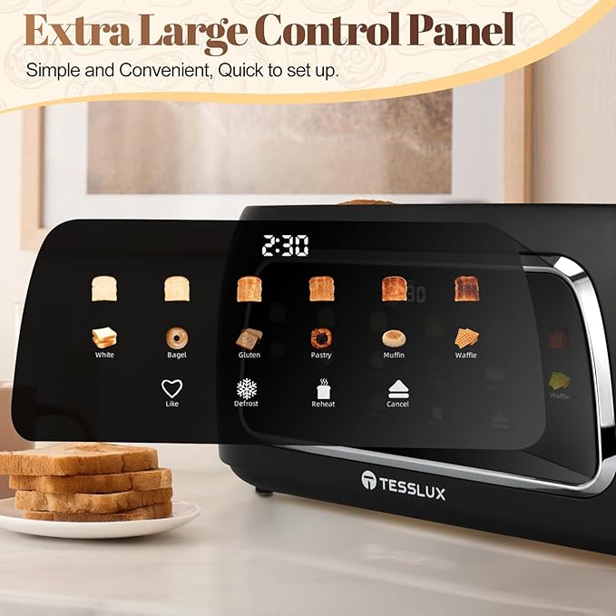 Tesslux 4 Slice Toaster with Touch Screen Control, 1.5" Wide Long Slots, 6 Browning Levels & 6 Bread Types, Digital Timer, Memory, Defrost, Reheat (BLACK)
