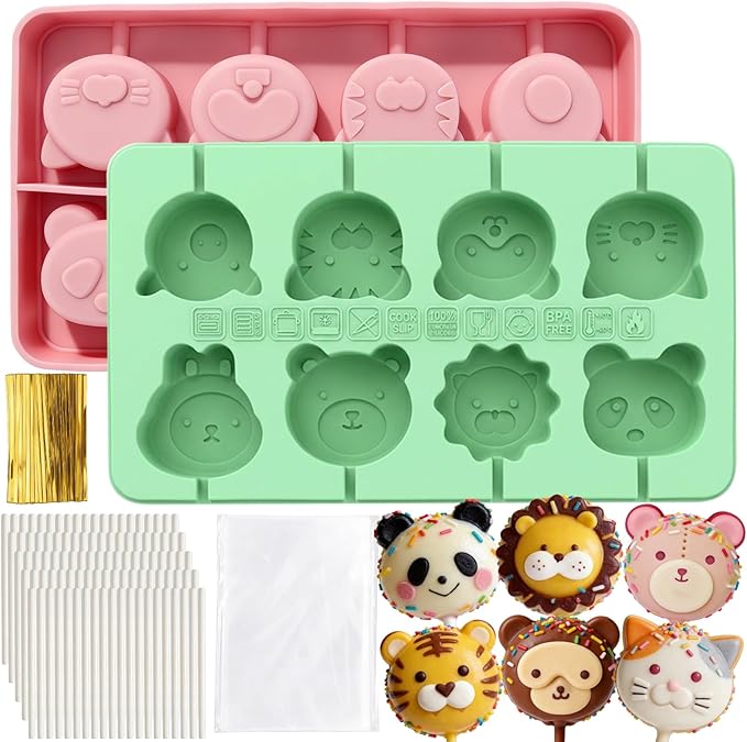 Juome Cake Pop Mold Kit, 2 Pack 16 Cavities Animal Shape Cakesicle Molds Silicone with 100 Wooden Sticks&100 Packaging Bags, Cake Pop Maker Supplies Accessories, Baking Tools for Home Baking Desserts