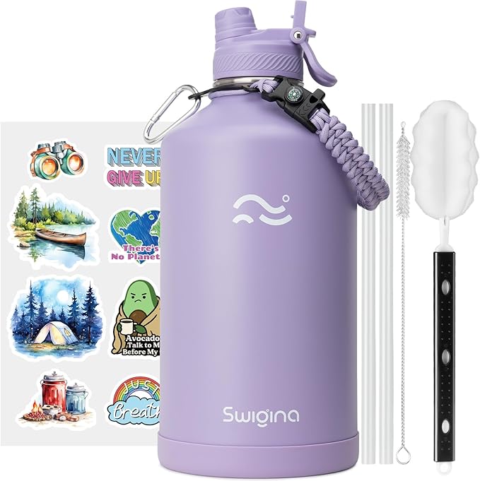 Swigina [2-IN-1 LID] Gallon Insulated Water Bottle with Silicone Boot (48hrs Cold/24hrs Hot) - DIY Stickers, Leakproof, BPA Free, 128 oz