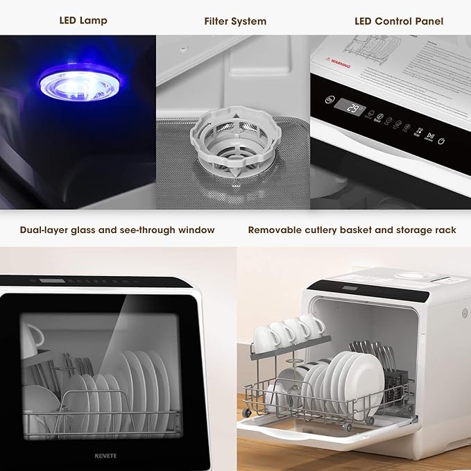 NOVETE Portable Countertop Dishwashers, Compact Dishwashers with 5L Built-in Water Tank & Inlet Hose, 5 Washing Programs, Baby Care, Air-Dry Function and LED Light for Small Apartments