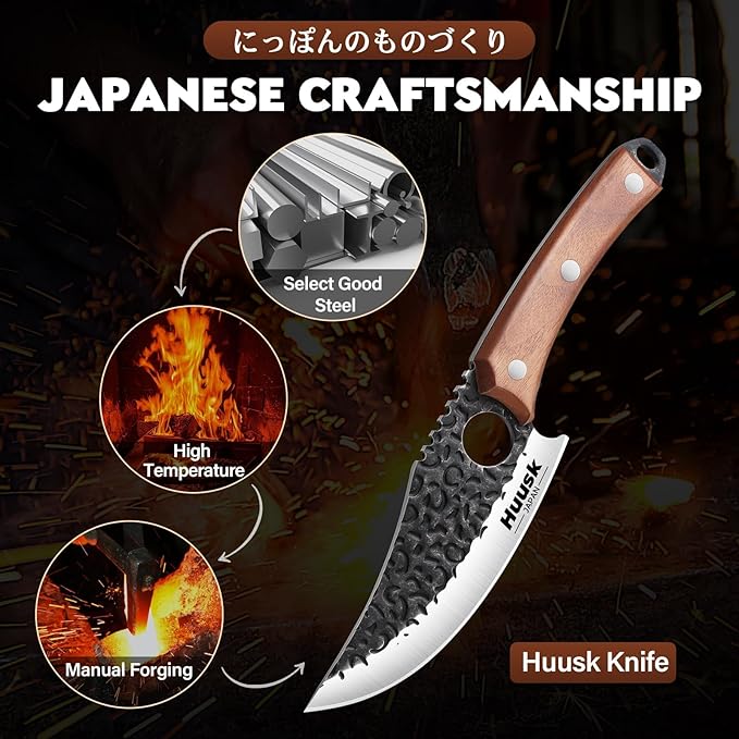 Huusk Viking Knife with Sheath - Hand Forged Butcher Knife for Meat Cutting - High Carbon Steel Meat Knives- Multipurpose Japanese Chef Knives for Camping, Outdoor, BBQ, Gift for Men and Women