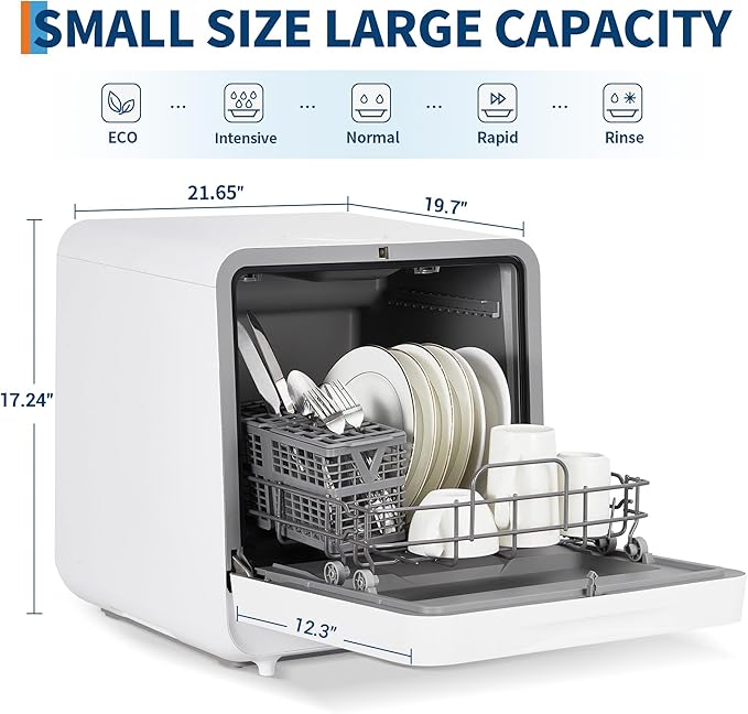 Portable Dishwasher Countertop with Large LED Display - No Plumbing Needed, 5 L Built-In Tank & Faucet Dual Inlet, Self-Priming Pump, 72℃ High-Temp Drying for Sanitizing, Compact for RV/Apartment/Dorm