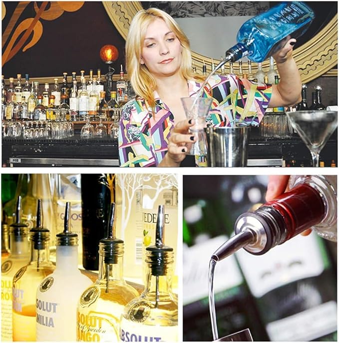 2PCS Stainless Steel Pourers, Speed Wine Bottle Pourer, Olive Oil and Vinegar Tapered Stopper Spout, Liquor Pourers with Rubber Dust Caps for Alcohol, Olive Oil,Bartender Accessories with 2 Adapters