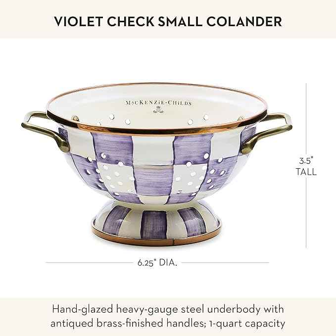 MACKENZIE-CHILDS Enamel Colander, Decorative Kitchen Strainer, Small, Purple-and-White Violet Check