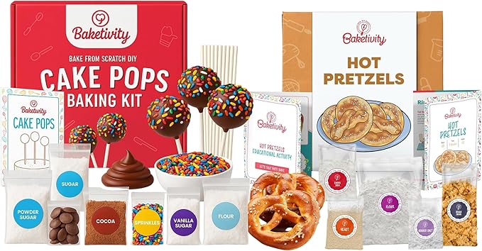Baketivity Cake Pop & Pretzel Baking Kit Bundle – 2 Fun DIY Cooking Sets for Kids with Pre-Measured Ingredients – Learn, Bake & Bond – Fun Gift for Ages 5-12+