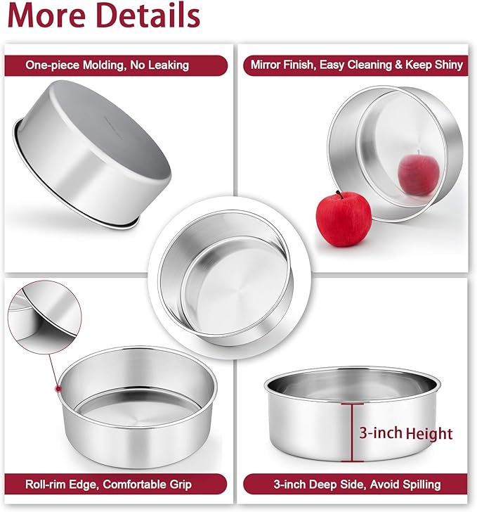 P&P CHEF 9.5 Inch Cake Pans Set, Round Baking Pan Stainless Steel Layer Birthday Wedding Cake Oven Pans, Non Toxic & Heavy Duty, Deep Side & Mirror Finish, Dishwasher Safe, (2Pcs)