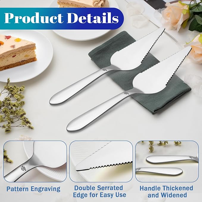 Eisinly Cake Pie Server Set for Wedding, Elegant Pizza Slicer Server Set with Stainless Steel Big Serrated Edges, Cake Cutter Pie Spatula for Birthday Anniversary, 2 Pcs, Silver