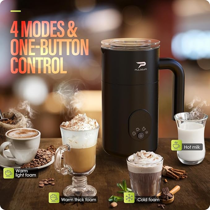 Milk Frother and Steamer 4 in 1 Automatic Coffee Steamer Frother, 11.8OZ / 350ML Warm and Cold Foam Frother for Coffee,Latte, Cappuccino, Macchiato, Hot Chocolate (Black)