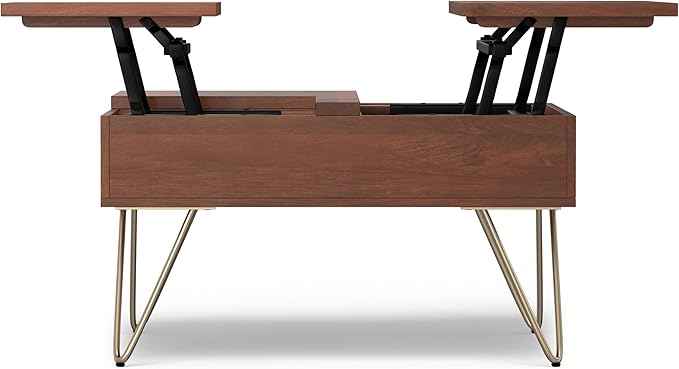SIMPLIHOME Hunter Lift Top Coffee Table - 32 inch Wide Solid Mango Wood Industrial Square Cocktail Table in Umber Brown, Living Room Table with Dual Lift Tops, Hidden Storage and Gold Hairpin Legs