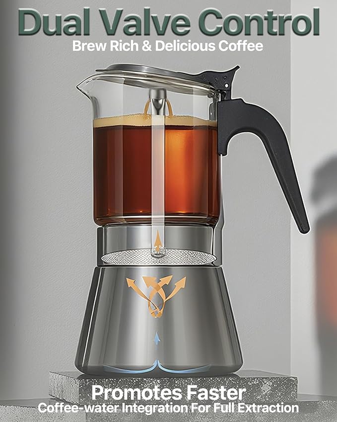 Grasseed Crystal Glass-Top Moka Pot, Polished Stainless Steel Stovetop Espresso Maker for Italian Coffee, Gift for Coffee Lovers - 6 Cup/240ml/8.4oz