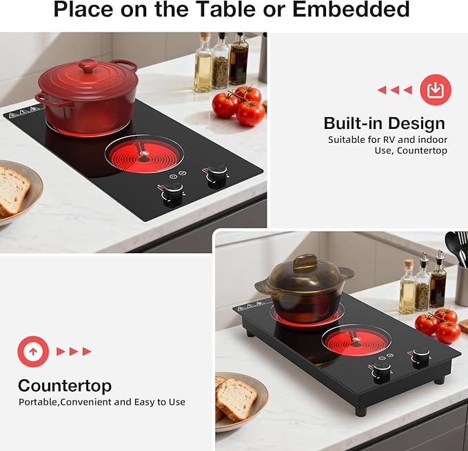 2100W Electric Cooktop 2 Burner: Electric Stove 110v-120v Hot Plate, Knob Control Countertop & Built-in Ceramic Cooktop 9 Power Levels, Child Lock, Timer, Suitable for all Pans