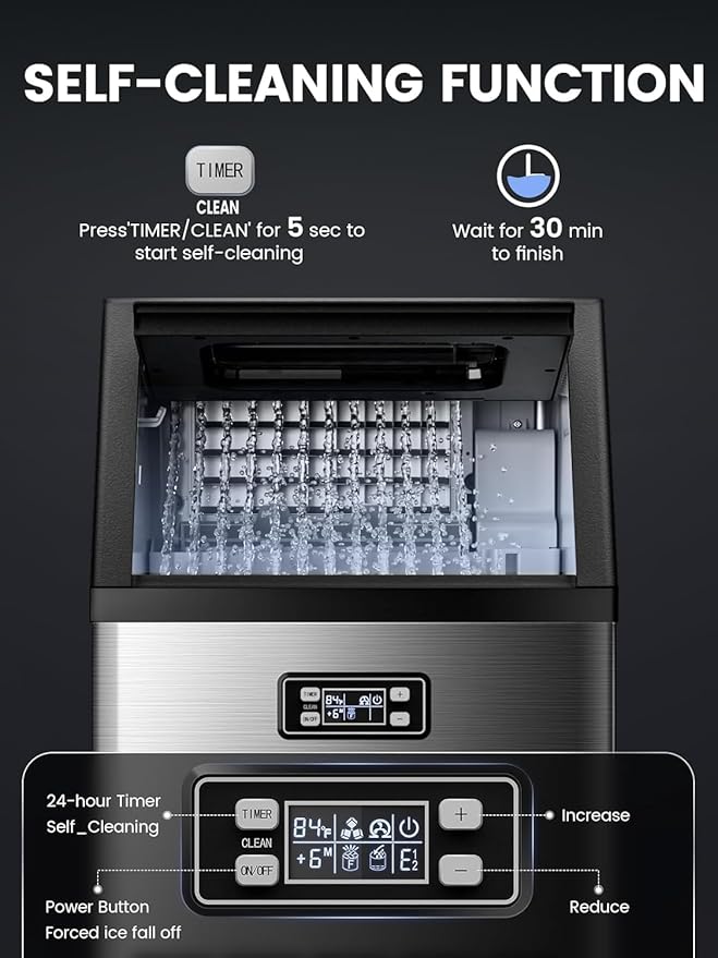 Electactic Commercial Ice Maker Machine,100lbs/24H Stainless Steel Ice Machine,33lbs Storage, Auto Self-Cleaning Freestanding Ice Maker, Ice Machine Freestanding for Bar/Cafe/Restauran-Silver