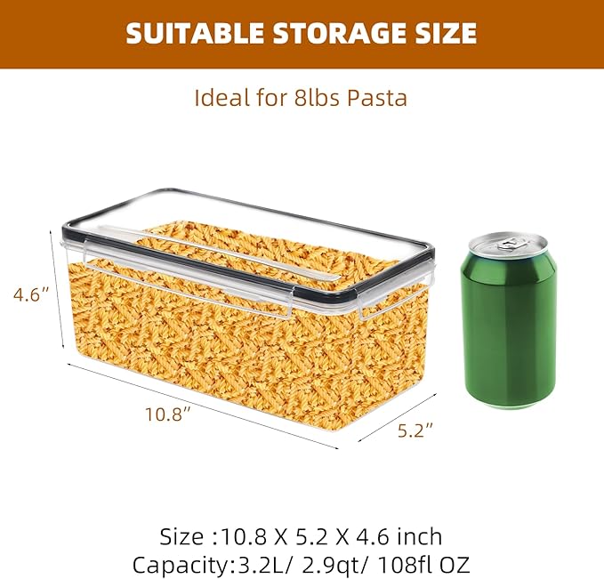 8PCS 3.2L/108 OZ Airtight Food Storage Containers with Lids, Plastic Spaghetti Canisters for Pasta organizer, BPA Free Air Tight Kitchen Pantry Organization