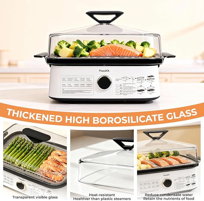 450C/842F Electric Food Steamer,Superheated Steam Cooker, 40% Less Fat, Premium Borosilicate Glass Lid, 10 One-Touch Presets, No Descaling 2+ Years, Real-Time Temp Display, 8 Qt 1800W White