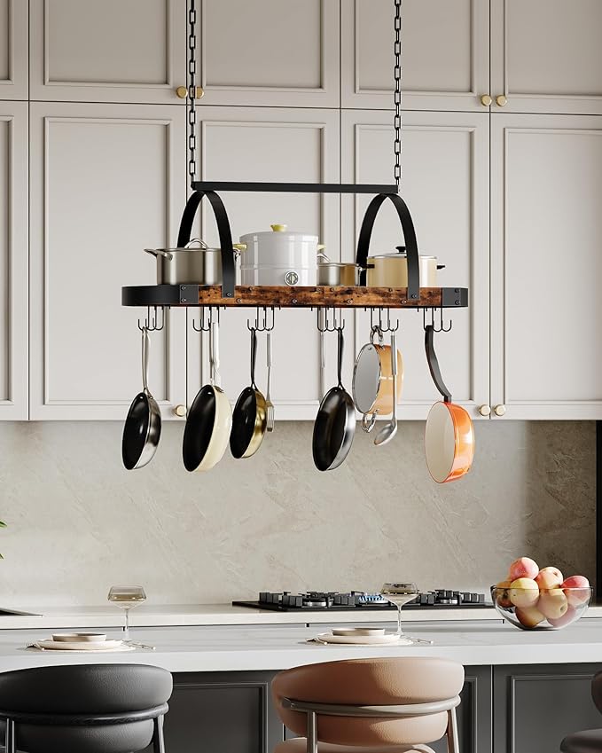 CHOEZON Hanging Pot Rack, Pot Hanger for Kitchen, Ceiling Mounted Pot Holder, Cookware Organizer with 18 S-Shaped Hooks, for Pot, Pan Storage, Space-Saving, Rustic Brown and Black TPR18BF
