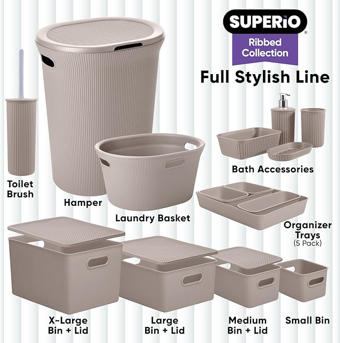 Superio Ribbed Collection - Decorative Plastic Toilet Bowl Brush and Holder Set, Taupe (2 Pack) Cleaner Scrubber for Bathroom