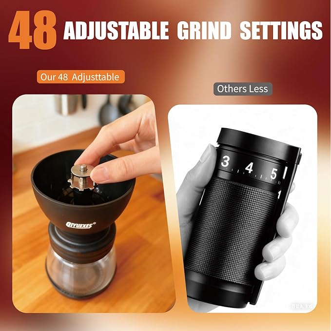 Manual Coffee Grinder 48 Adjustable Settings, 80g Large Capacity, Conical Burr Hand Mill for Home, Travel, Camping, Office, Espresso & Pour Over, 2 Jars
