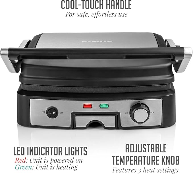 OVENTE Electric Panini Press Sandwich Maker, 1500W Indoor Grill with Non-Stick Coated Plates, Temperature Control & Removable Drip Tray, Opens 180 Degrees to Fit Any Type/Size of Food, Silver GP1861BR