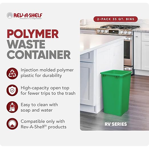 Rev-A-Shelf Polymer Replacement 35 Quart Trash Bin Recycle Waste Garbage Container for Kitchen Cabinet Pullouts, Green, 2 Pack, RV-35-19-2