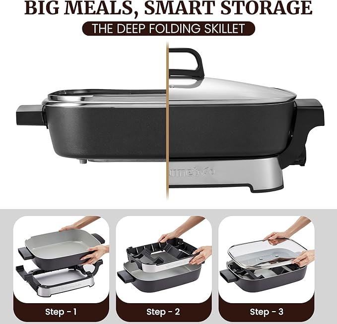 Elite Gourmet 15" x 12" x 3" Stow-Away Foldable Electric Skillet, Ceralast™ PFAS Free Ceramic, 1500W Rapid Heat, Dishwasher Safe Pan & Lid, Black/Grey