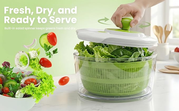 7-in-1 Large Salad Spinner & Vegetable Chopper with Container - Multi-function Lettuce Spinner Fruit Washing Bowl with Strainer, Grater, Slicer, Julienne, Spiralizer, Ribbon Cutter & Dicer