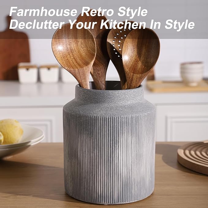 Farmhouse Ceramic Farmhouse Kitchen Utensil Holder for Countertop, Rustic Cooking Utensil Holder Crock Fit for Kitchen Counter.Grey 6.1 x 6.1 x 7 IN