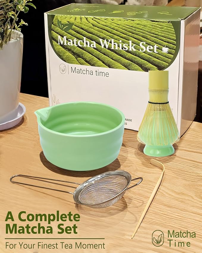 Vaiheng Matcha Whisk Set with Matcha Bowl, Matcha Whisk Holder Matcha Bamboo Whisk, Scoop, Sifter, Unique Gifts for Women Men Girl Friend Home Kitchen Decor（Light Green）