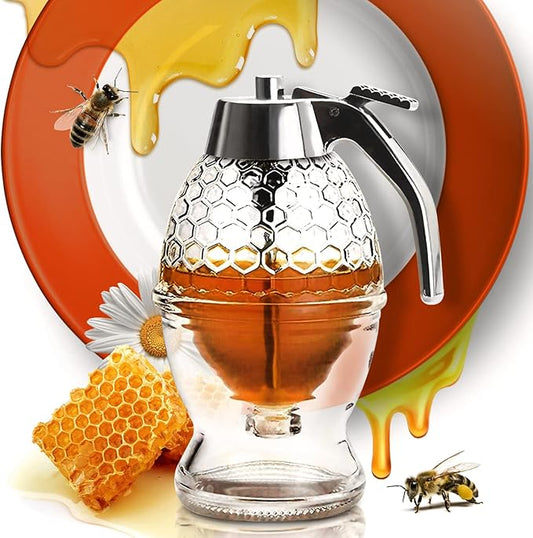 CLEVLI Glass Honey Dispenser – No Drips, No Trails Honey Container 8 Oz with Stand – Easy to Clean Honey Pot – Honey Jar with Dipper – Maple Syrup Dispenser – Syrup Holder with Honeycomb Design